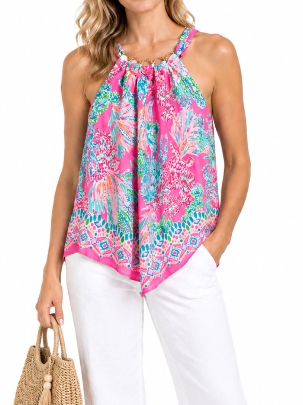 Lilly Pulitzer Pink Multi Tropical Print Halter Tank